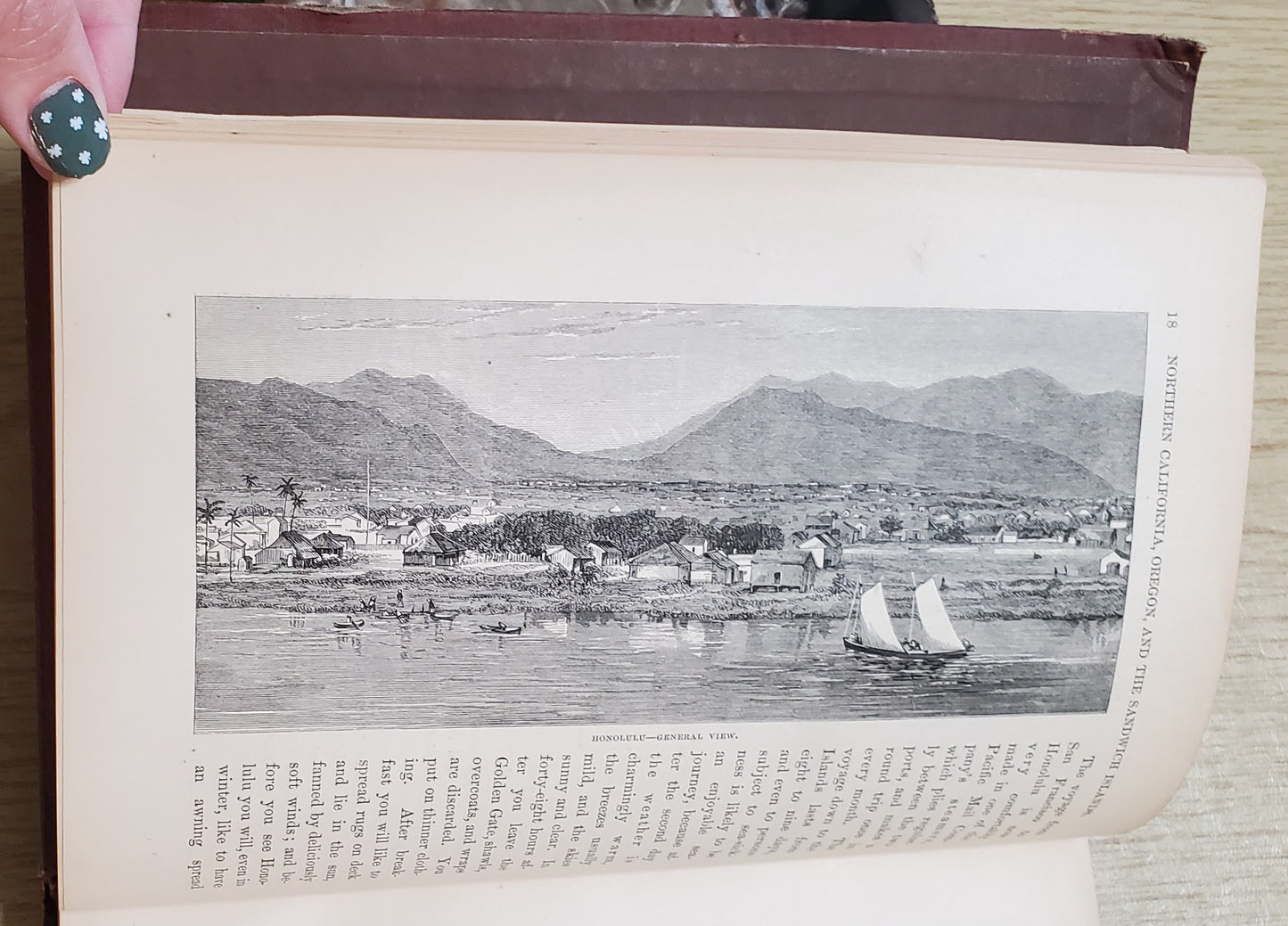 Nordhoff, Charles. Northern California, Oregon and the Sandwich Islands. 1874. 1st ed. Illus. Cloth, gilt. Cloth frayed, rubbed, bb-sized hole through first four pages, bookplate removed. VG