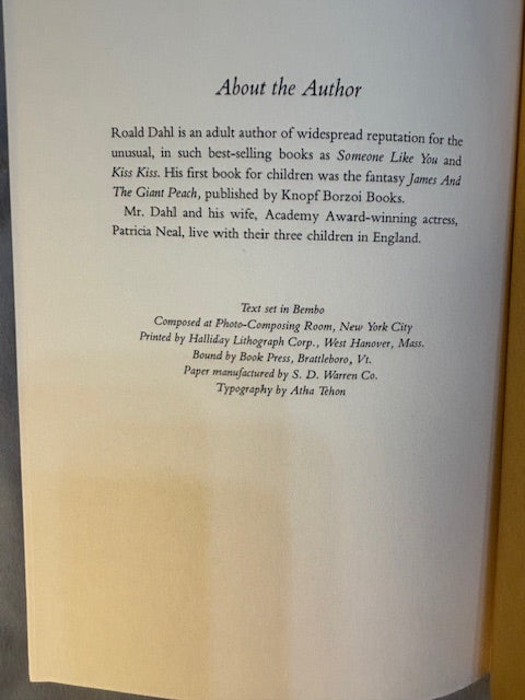 Dahl, Roald.  Charlie and the Chocolate Factory. NY: Alfred Knopf, (1964). 1st ed, 1st printing with red cloth, top edge brown and 6-line collophon on last page. 1st issue DJ with no ISBN number on rear panel Book is Near mint, DJ only Fair