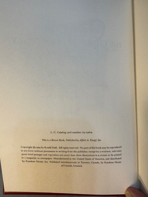 Dahl, Roald.  Charlie and the Chocolate Factory. NY: Alfred Knopf, (1964). 1st ed, 1st printing with red cloth, top edge brown and 6-line collophon on last page. 1st issue DJ with no ISBN number on rear panel Book is Near mint, DJ only Fair