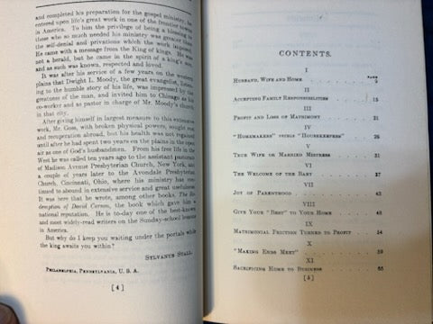 Goss, Charles.  Husband, Wife and Home. Phil: Vir Pub, (1905). 1st ed. Cloth, gilt. Fine