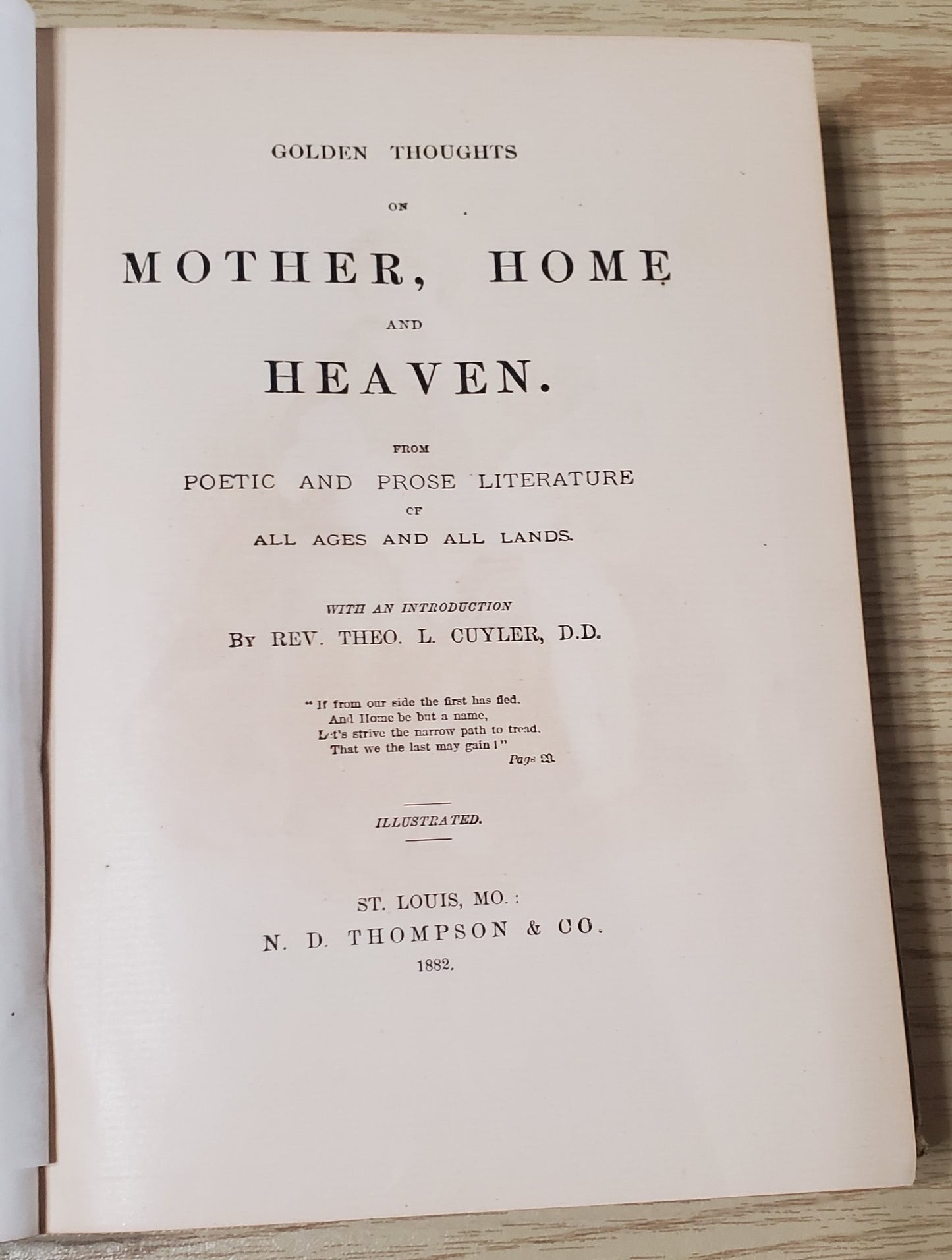 Cuyler, Theodore. Mother, Home and Heaven 1882. Illus. Pict cloth, gilt, aeg. Presentation page blank. VG