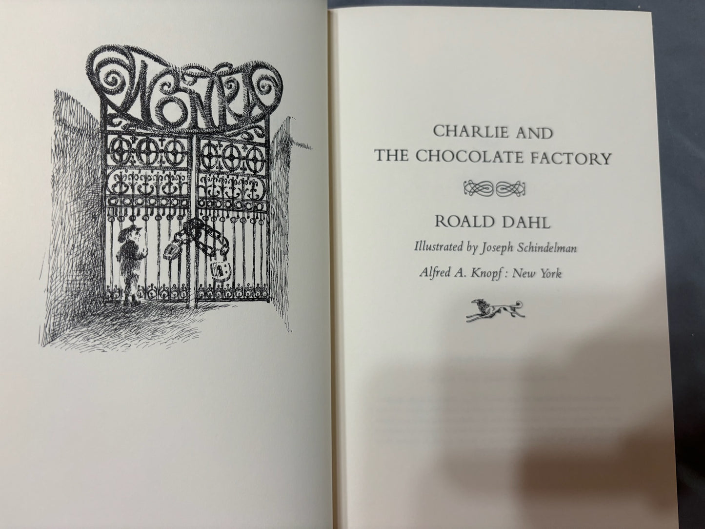 Dahl, Roald.  Charlie and the Chocolate Factory. NY: Alfred Knopf, (1964). 1st ed, 1st printing with red cloth, top edge brown and 6-line collophon on last page. 1st issue DJ with no ISBN number on rear panel Book is Near mint, DJ only Fair