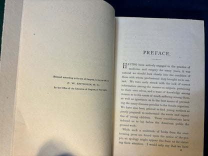 Entrikin, F. W.  Woman’s Monitor. Green Springs, OH: Entrikin, 1881. 1st ed. Pict cloth, gilt. Fine but for top stain & beginning of front hinge split