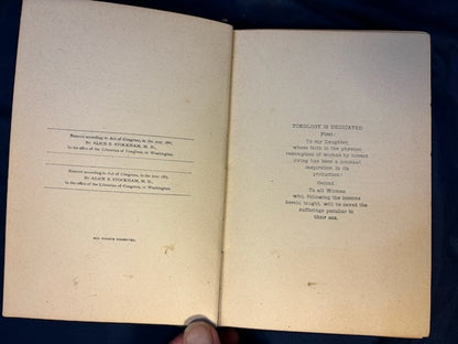 Stockham, Alice.  Tokology. Chicago: Sanitary Pub, 1886. Revised Ed. Pamphlet of plates in pocket. Pict cloth, gilt. Light foxing. Rear hinge cracked.Very Good