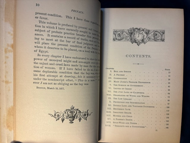 Stow, J. W.  Probate Confiscation: Unjust Laws Which Govern Women. (np, 1877). 2nd ed. Cloth, gilt. Foxing to frontis & tissue. Very Good