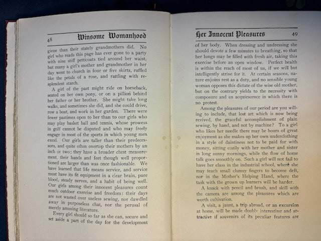 Sangster, Margaret. Winsome Womanhood. NY: Revell, 1900. 1st ed. Illus. Pict cloth, gilt. Front hinge broken, rubbed, frayed. G