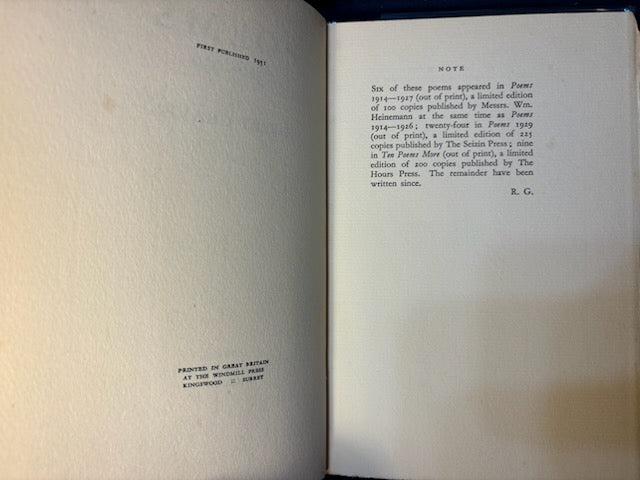 Graves, Robert. Poems (1926 - 1930). London: William Heineman, 1931. 1st ed. 1/2 x 3" chip to DJ spine.F/VG