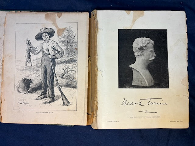 Twain, Mark.  Adventures of Huckleberry Finn. NY: Charles Webster, 1885. 1st ed, 1st issue with all 1st issue points [see details of points and condition on Literature page]. Overall heavy wear. Good candidate for restoration