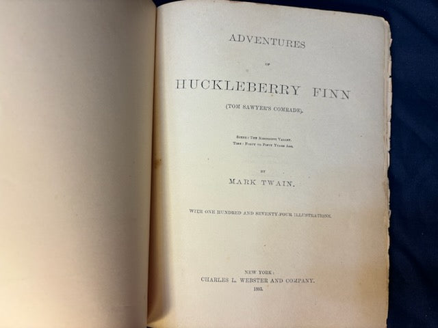Twain, Mark.  Adventures of Huckleberry Finn. NY: Charles Webster, 1885. 1st ed, 1st issue with all 1st issue points [see details of points and condition on Literature page]. Overall heavy wear. Good candidate for restoration