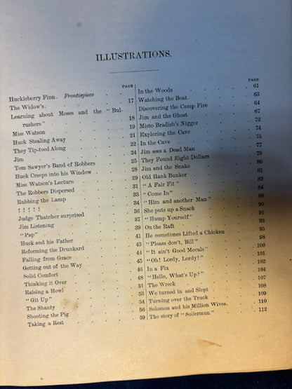 Twain, Mark.  Adventures of Huckleberry Finn. NY: Charles Webster, 1885. 1st ed, 1st issue with all 1st issue points [see details of points and condition on Literature page]. Overall heavy wear. Good candidate for restoration