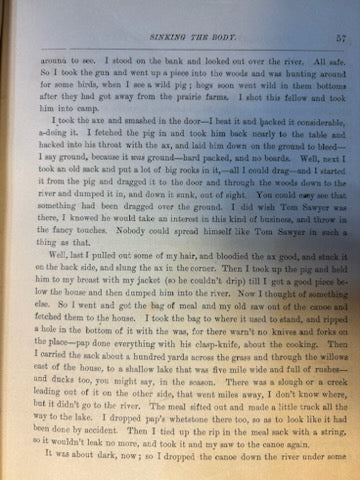 Twain, Mark.  Adventures of Huckleberry Finn. NY: Charles Webster, 1885. 1st ed, 1st issue with all 1st issue points [see details of points and condition on Literature page]. Overall heavy wear. Good candidate for restoration