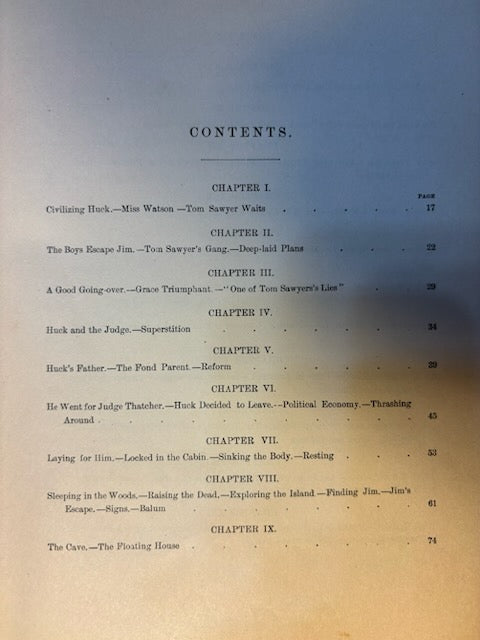Twain, Mark.  Adventures of Huckleberry Finn. NY: Charles Webster, 1885. 1st ed, 1st issue with all 1st issue points [see details of points and condition on Literature page]. Overall heavy wear. Good candidate for restoration
