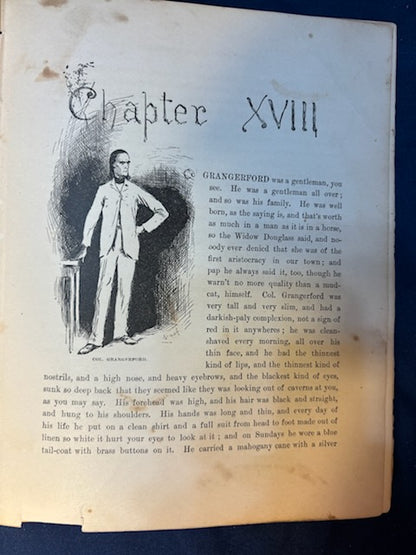 Twain, Mark.  Adventures of Huckleberry Finn. NY: Charles Webster, 1885. 1st ed, 1st issue with all 1st issue points [see details of points and condition on Literature page]. Overall heavy wear. Good candidate for restoration