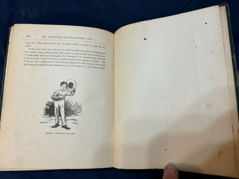 Twain, Mark.  Adventures of Huckleberry Finn. NY: Charles Webster, 1885. 1st ed, 1st issue with all 1st issue points [see details of points and condition on Literature page]. Overall heavy wear. Good candidate for restoration