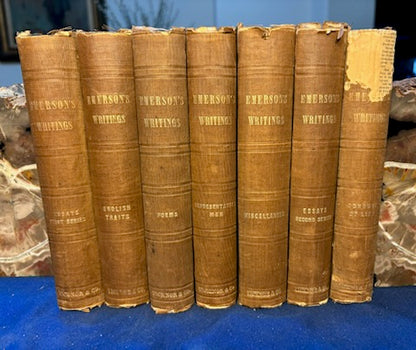 Emerson, Ralph  Waldo. Writings. Boston: Ticknor and Fields, 1858 - 1863 (complete to date) Early reprints. 1.5" chip to spine on one vol, two vols have penciled instructions for re-binding. [see details on Literature, Sets page]. Very Good