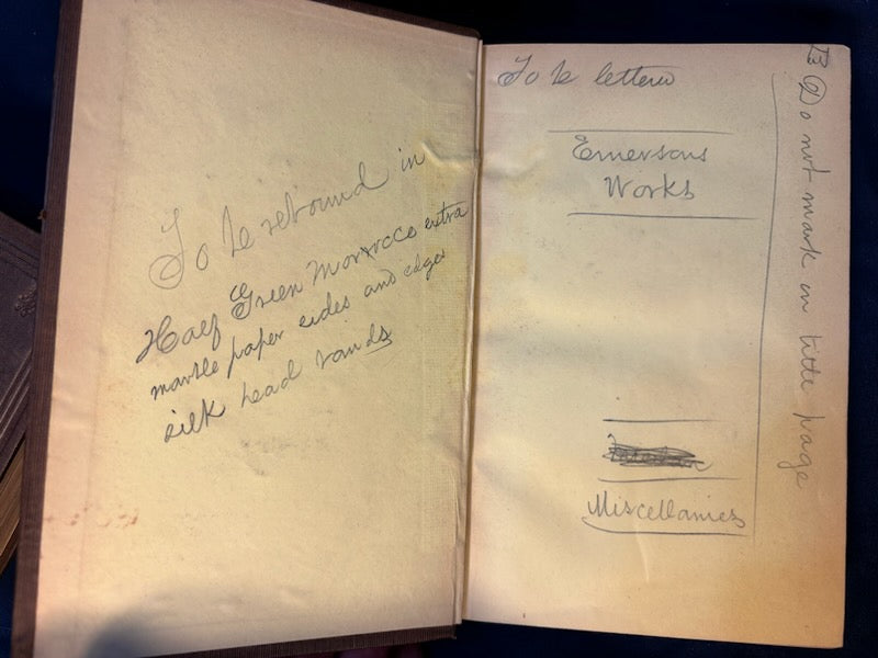 Emerson, Ralph  Waldo. Writings. Boston: Ticknor and Fields, 1858 - 1863 (complete to date) Early reprints. 1.5" chip to spine on one vol, two vols have penciled instructions for re-binding. [see details on Literature, Sets page]. Very Good