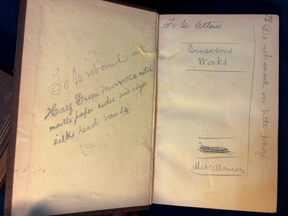 Emerson, Ralph  Waldo. Writings. Boston: Ticknor and Fields, 1858 - 1863 (complete to date) Early reprints. 1.5" chip to spine on one vol, two vols have penciled instructions for re-binding. [see details on Literature, Sets page]. Very Good